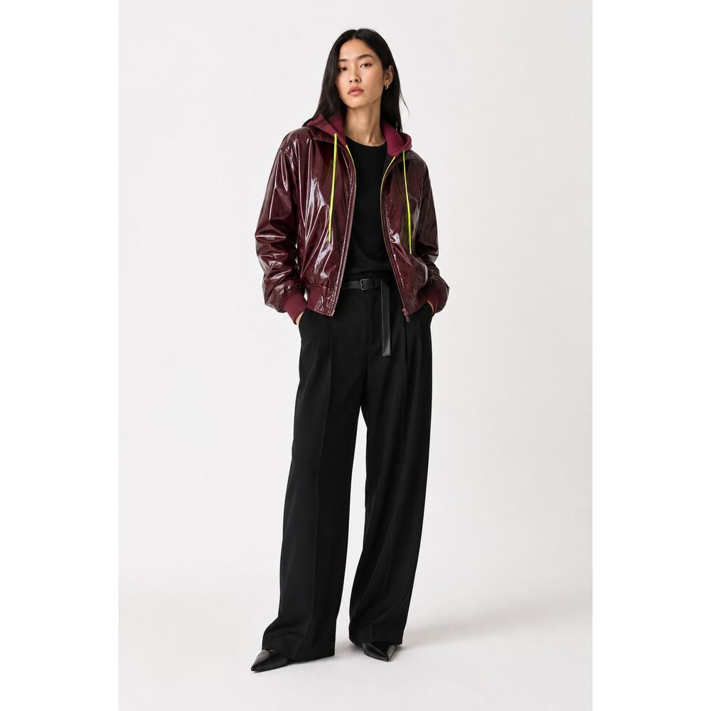 Tibi | Burgundy Patent Hooded Bomber Jacket XS Neon Drawstring Athletic Luxe